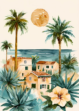 Tropical Coastal Village Watercolor