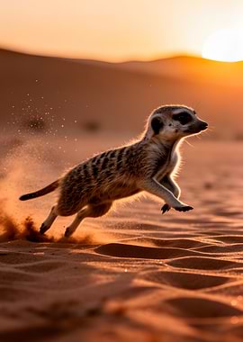 Meerkat running in desert at sunset