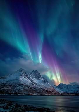 Aurora Borealis over Snowy Mountains