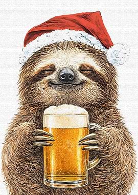 Sloth in Santa Hat with Beer
