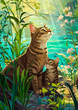 Mother and Kitten Cats by Water
