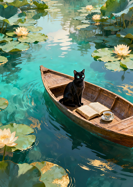 Black Cat in a Boat with Book and Tea