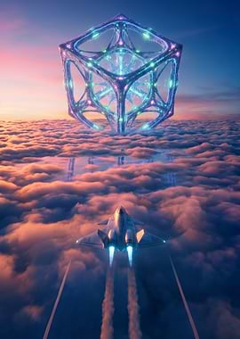 Futuristic Cube Above Clouds with Jet