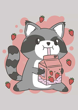 Cute Raccoon Drinking Strawberry Milk