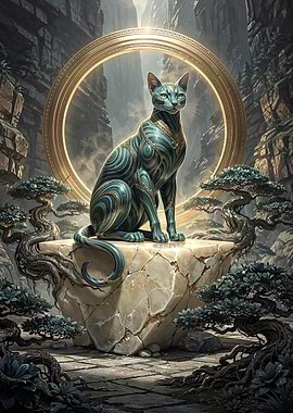 Mystical Cat Statue in Golden Portal