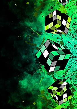 Abstract Cubes on Green Splatter Background