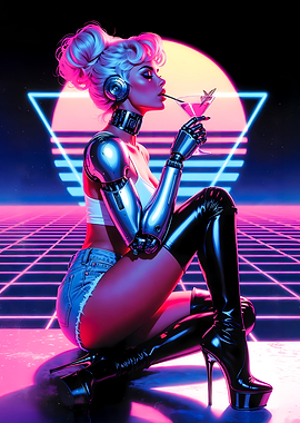 Synthwave Sunset - Retro Robot Woman with Martini