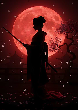Geisha with Katana under Red Moon