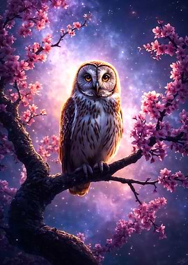 Majestic Owl Cherry Blossom Night