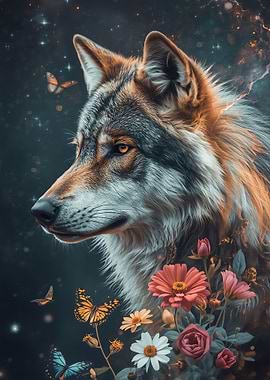 Wolf with Flowers and Butterflies