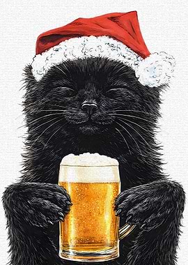 Black Cat in Santa Hat with Beer
