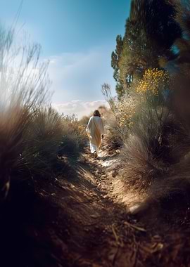 Jesus walking on a desert path