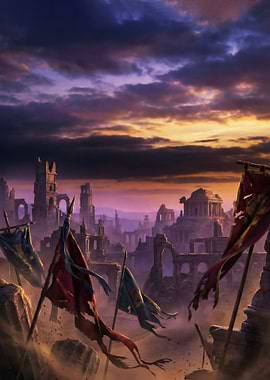 Ruined Cityscape with Flags at Sunset