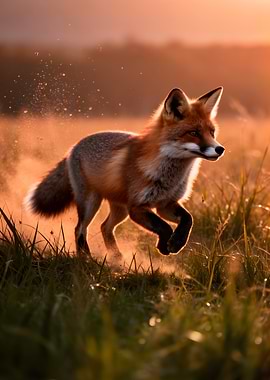 Fox running in golden hour light