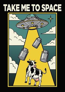 UFO Abducting Cow with Milk Cans