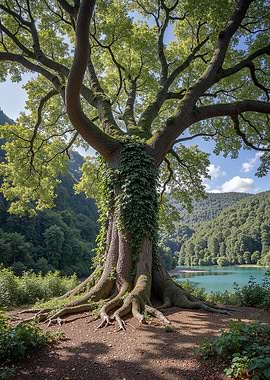 Majestic Ancient Oak Tree by a Serene Lake