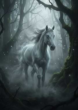 Mystical White Horse in Foggy Forest