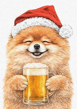Pomeranian Dog in Santa Hat with Beer
