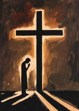 Man Praying Before a Glowing Cross