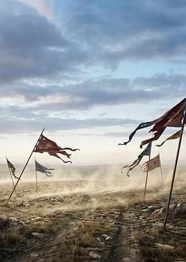 Battle Flags in a Dusty Landscape