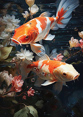 Koi Fish and Flowers