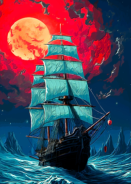 Pirate Ship Under a Blood Moon
