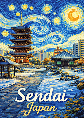 Sendai Japan Starry Night Painting