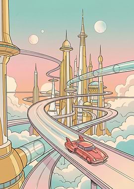 The Cloud Highway (The Hero Shot) Retro Futuristic Cityscape with Flying Car