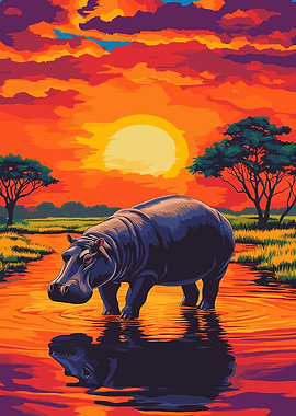 Hippopotamus in a Sunset River