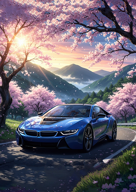 Blue sports car on a scenic road