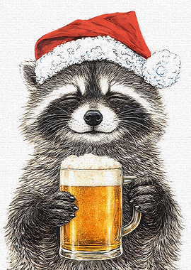 Raccoon in Santa Hat with Beer