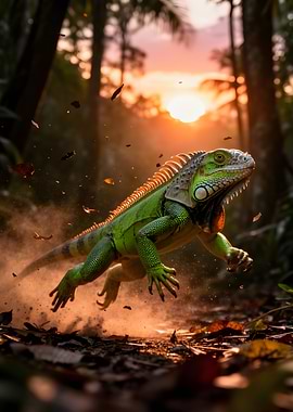 Green Iguana Leaping Through Forest Dust