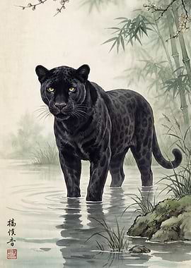 Black Panther in Water with Bamboo