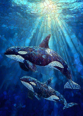 Orcas swimming in sunlit ocean