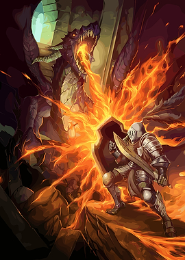 Knight battles dragon with fire breath