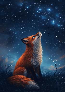 Starry-Eyed Fox Under the Night Sky