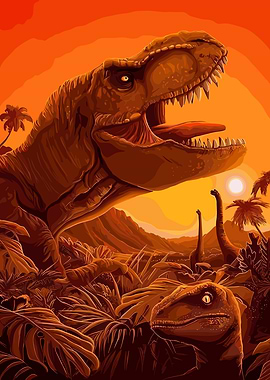 Dinosaur landscape with T-Rex and Velociraptor