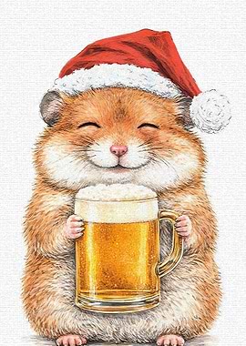 Hamster in Santa Hat with Beer