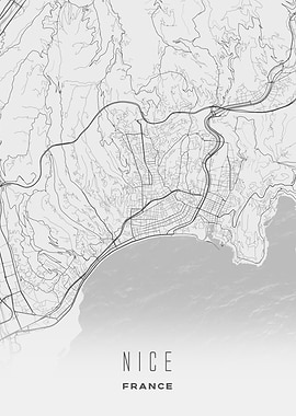 Nice, France - Minimalist Coastal City Streets Map Wall Art Print