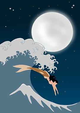 Mermaid diving into a moonlit wave