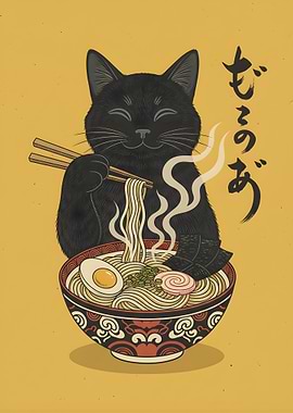 Black Cat Ramen Noodle - Japanese Ukiyo-e Style