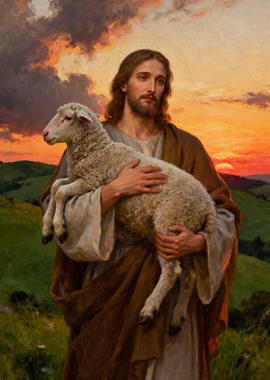 Jesus Holding a Lamb at Sunset