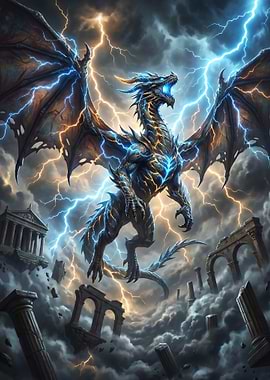 Dragon amidst lightning and ruins