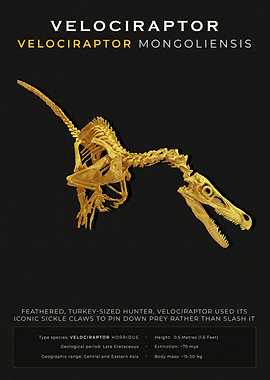 Velociraptor Fossil Poster - Noir Black and Gold Paleontology Decor