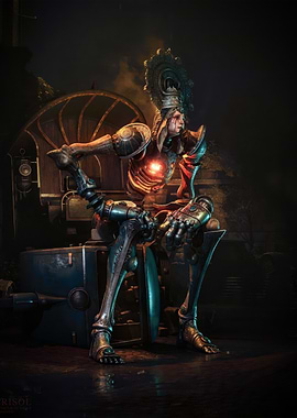 Steampunk Mechanical Being on Throne