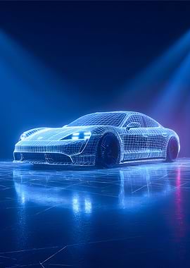 Futuristic Wireframe Car in Blue Light