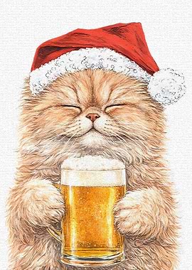 Cat in Santa Hat with Beer