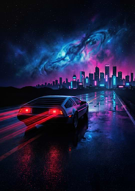 Retro Futuristic Car on Wet Road