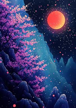 Cherry Blossoms Under a Red Moon