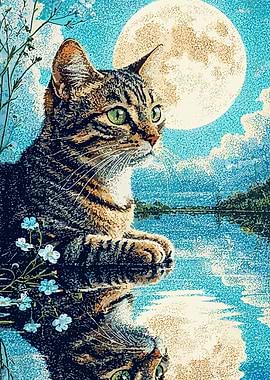 Cat by the Moonlit Lake